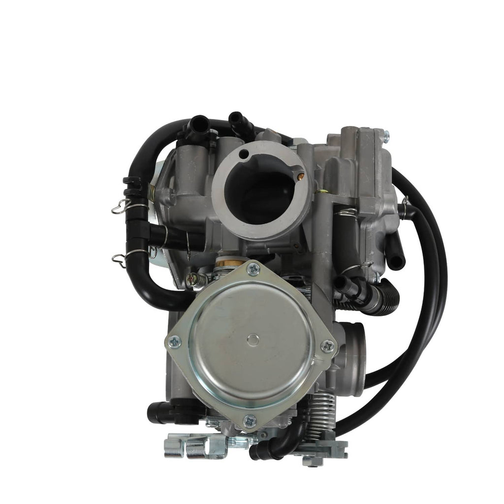 Carburetor assembly angled view with two intake ports, hoses, and mounting brackets