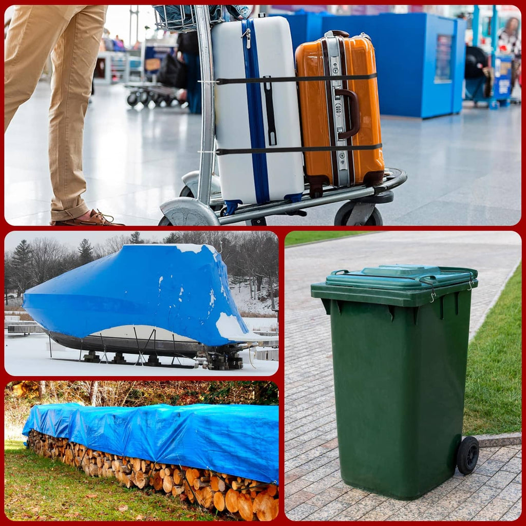 Black bungee tie straps securing cargo on a cart, kayak cover, and bins