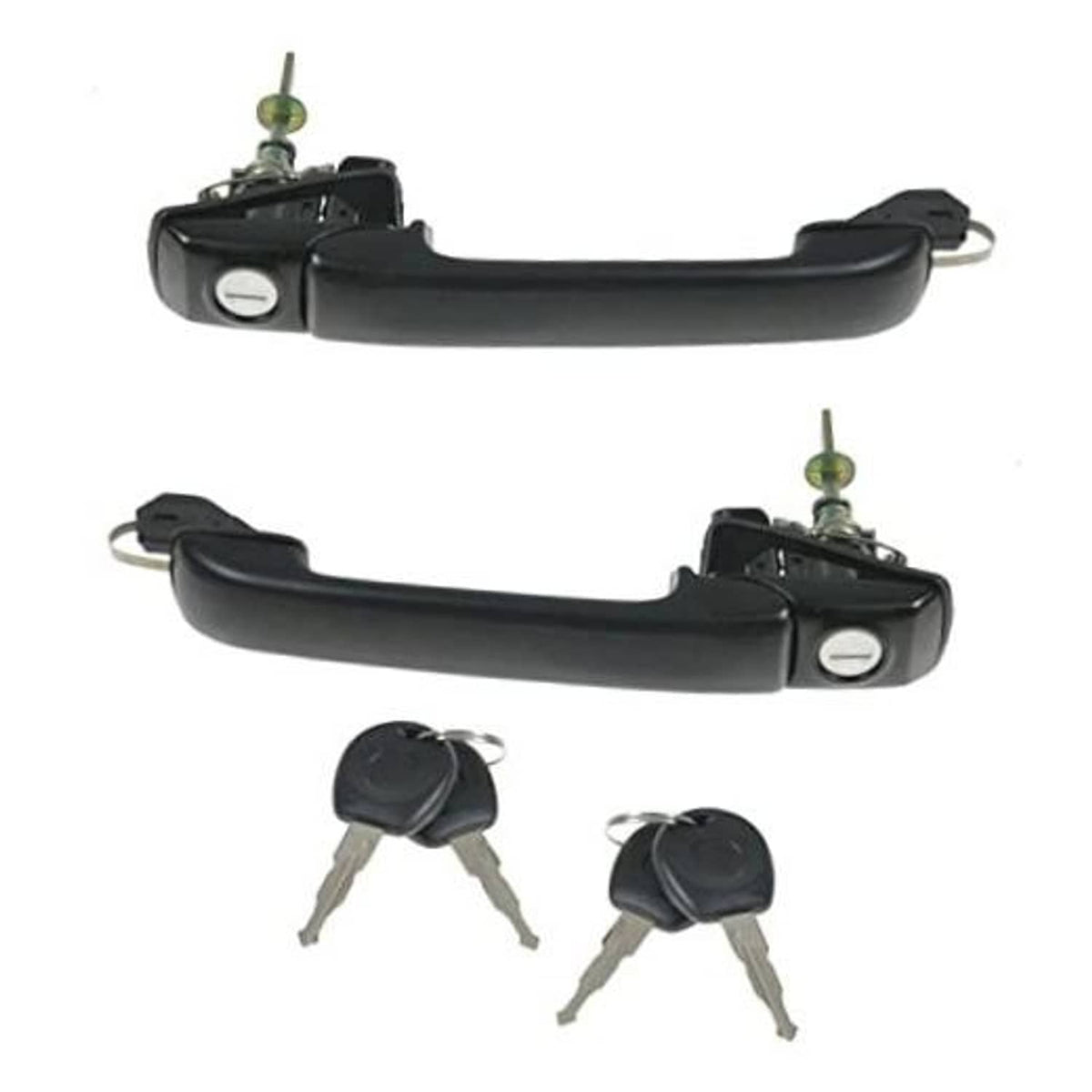 Black exterior door handle set with lock cylinder and keys, left and right pair