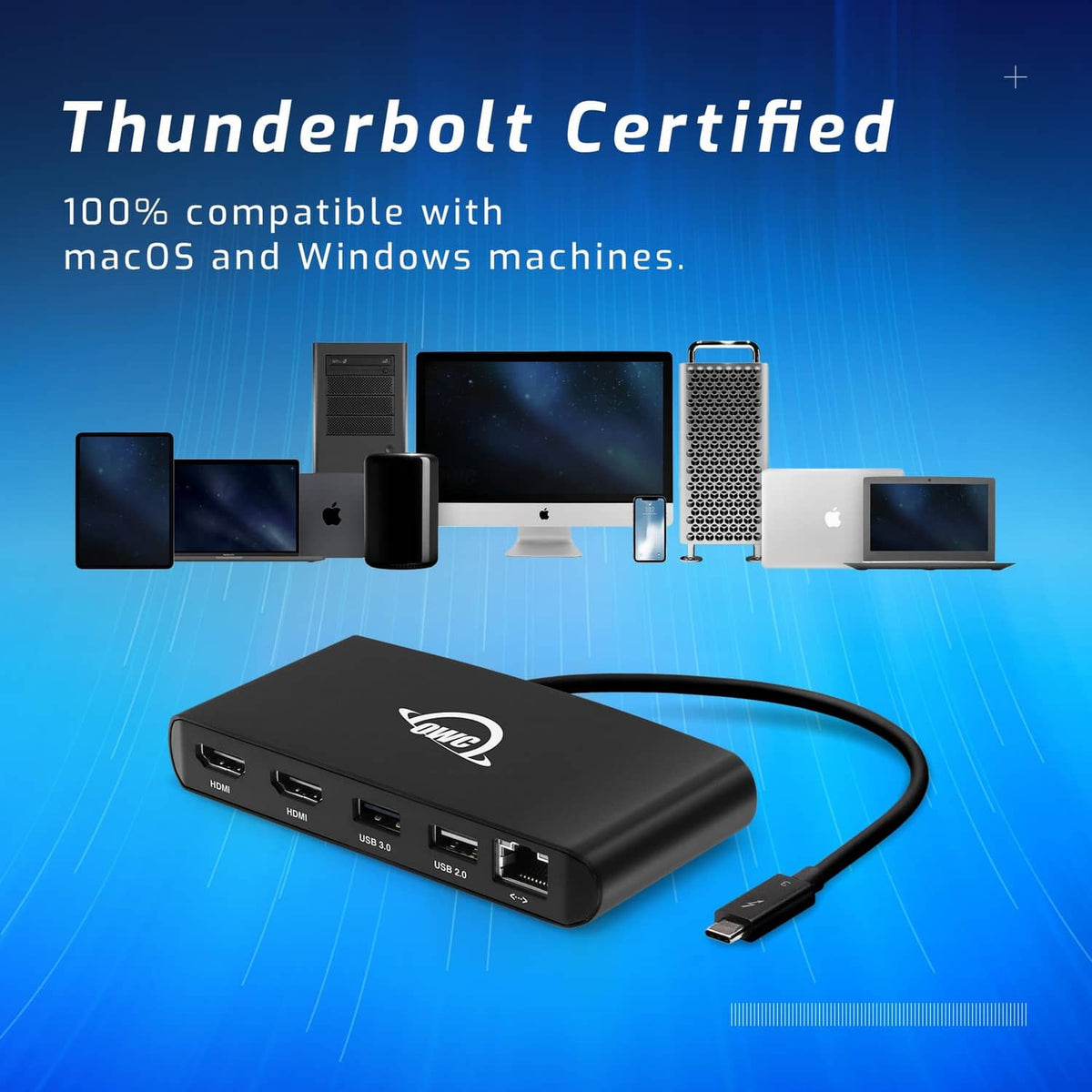 Black OWC Thunderbolt mini dock with integrated cable and multiple front ports