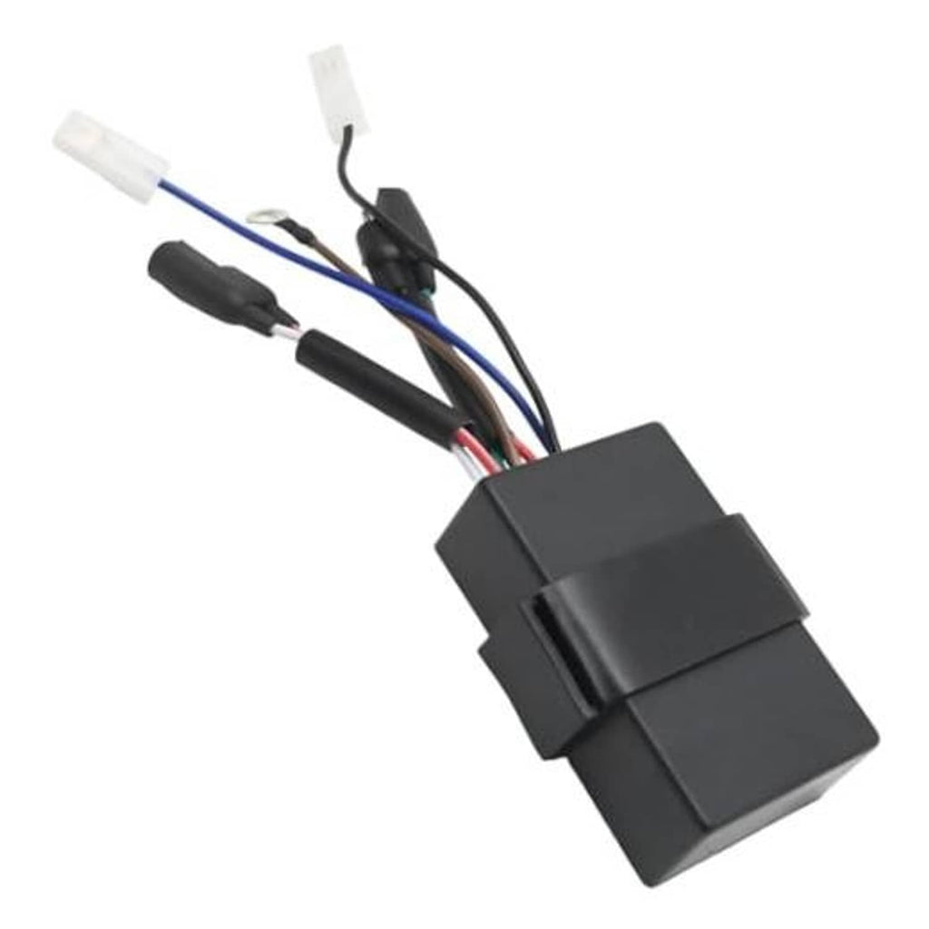 Black electronic ignition module with color-coded wires and connector leads