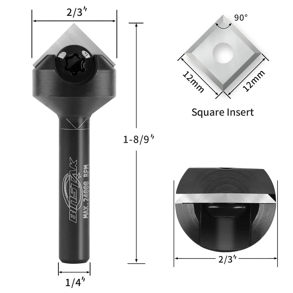 90° V-groove router bit size diagram with square insert and cutting insert angle