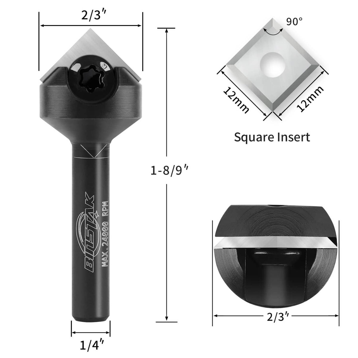 90° V-groove router bit size diagram with square insert and cutting insert angle
