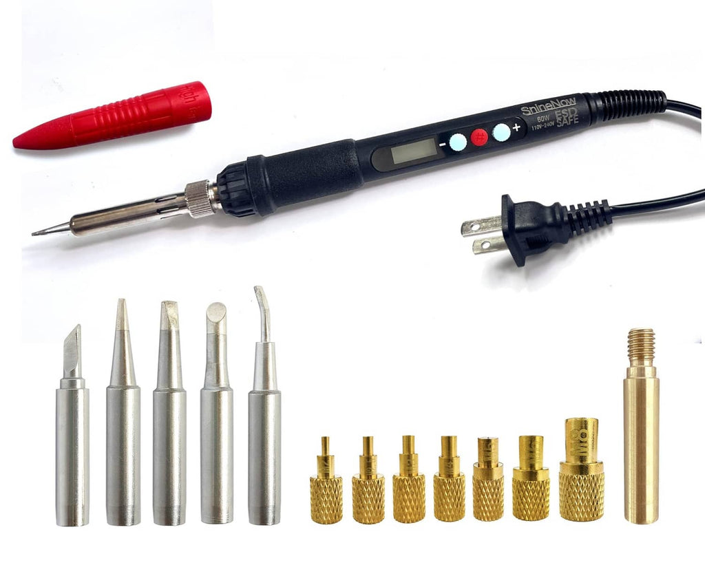 60W digital soldering iron with red protective cover and interchangeable tips