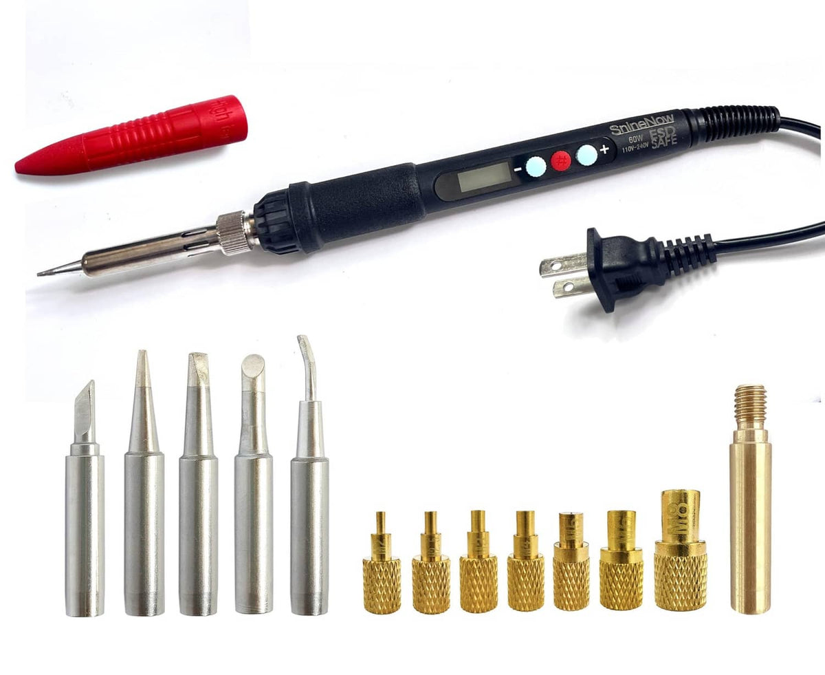 60W digital soldering iron with red protective cover and interchangeable tips