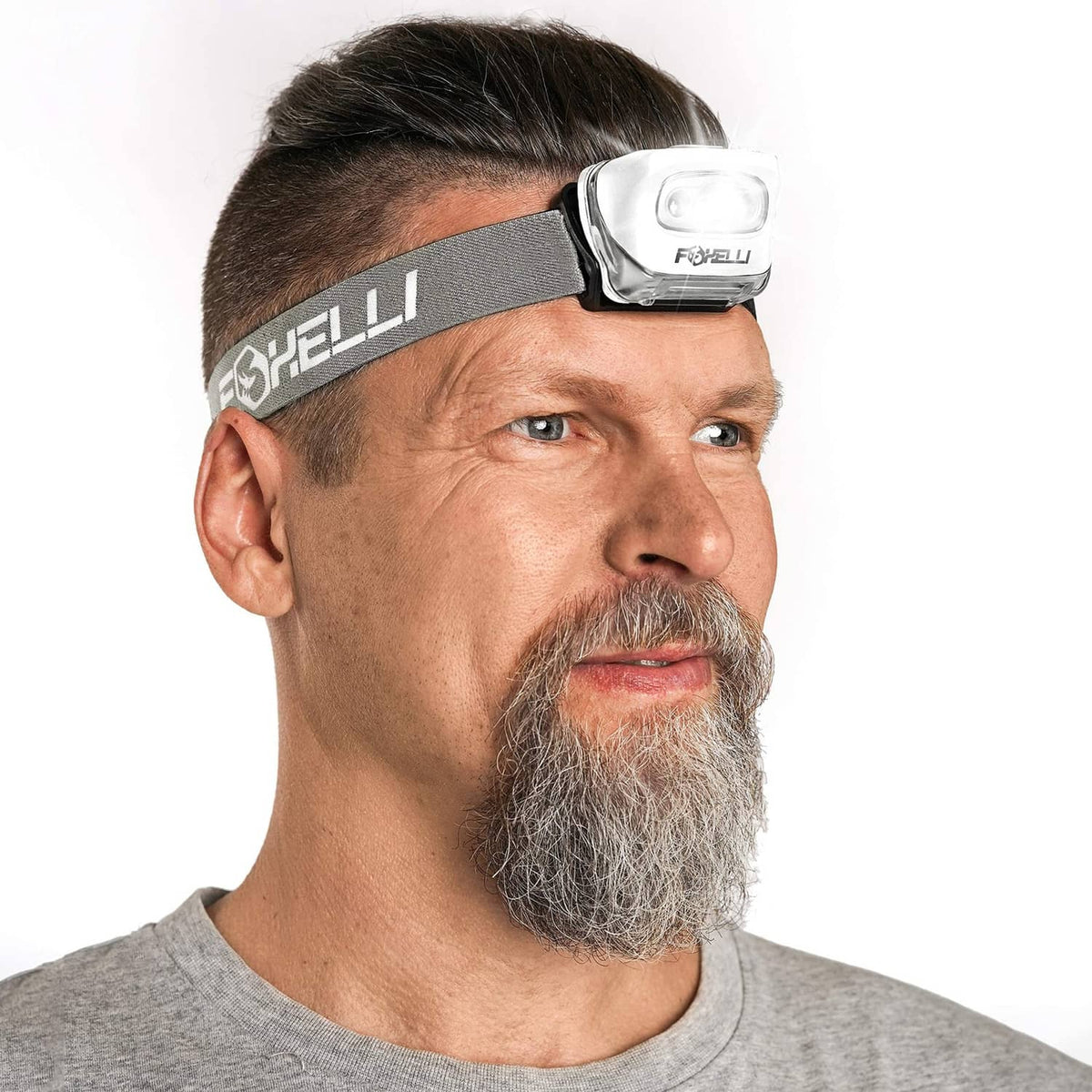 Foxelli LED headlamp flashlight on forehead with dark gray adjustable strap and white housing
