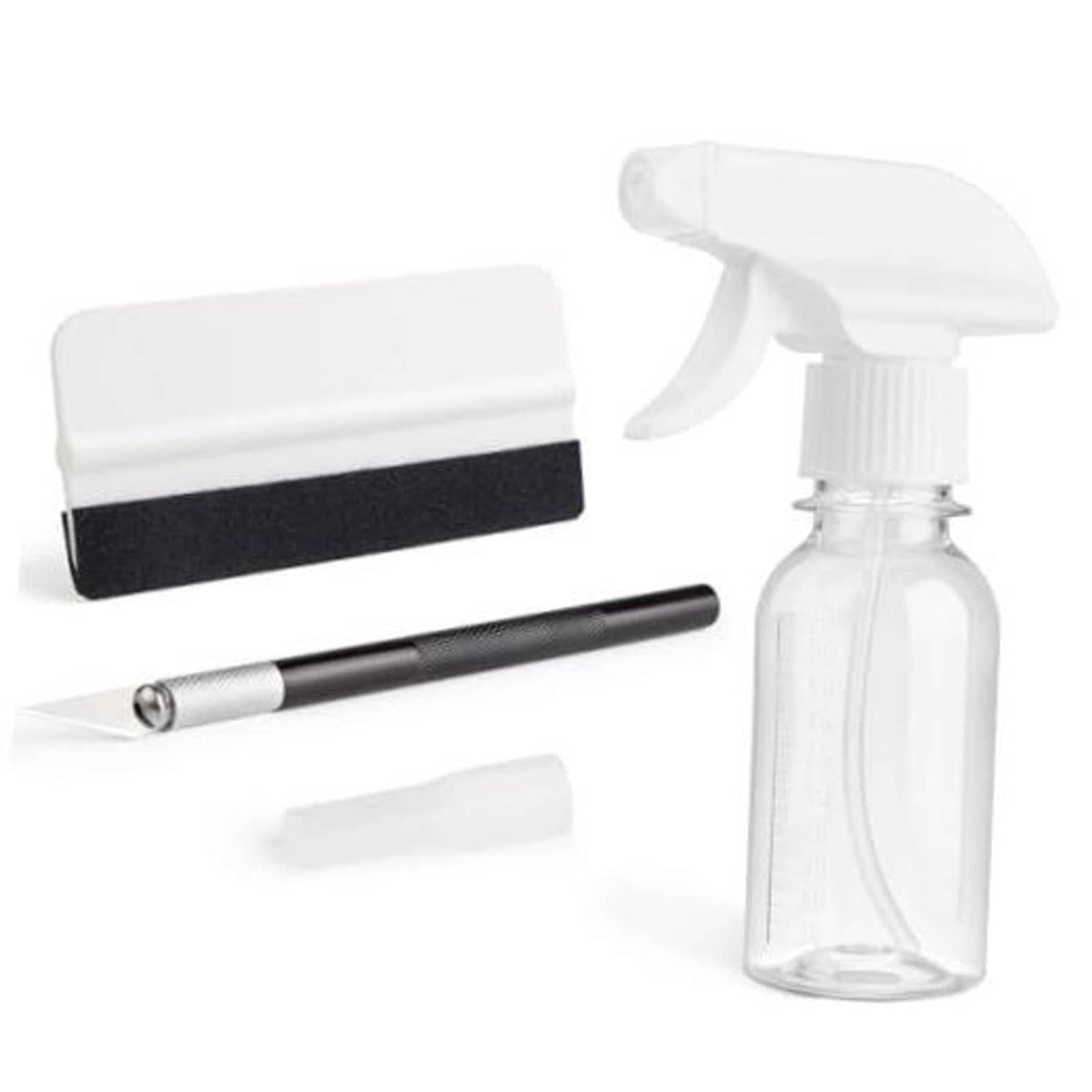 Window film installation kit tools: spray bottle and squeegee