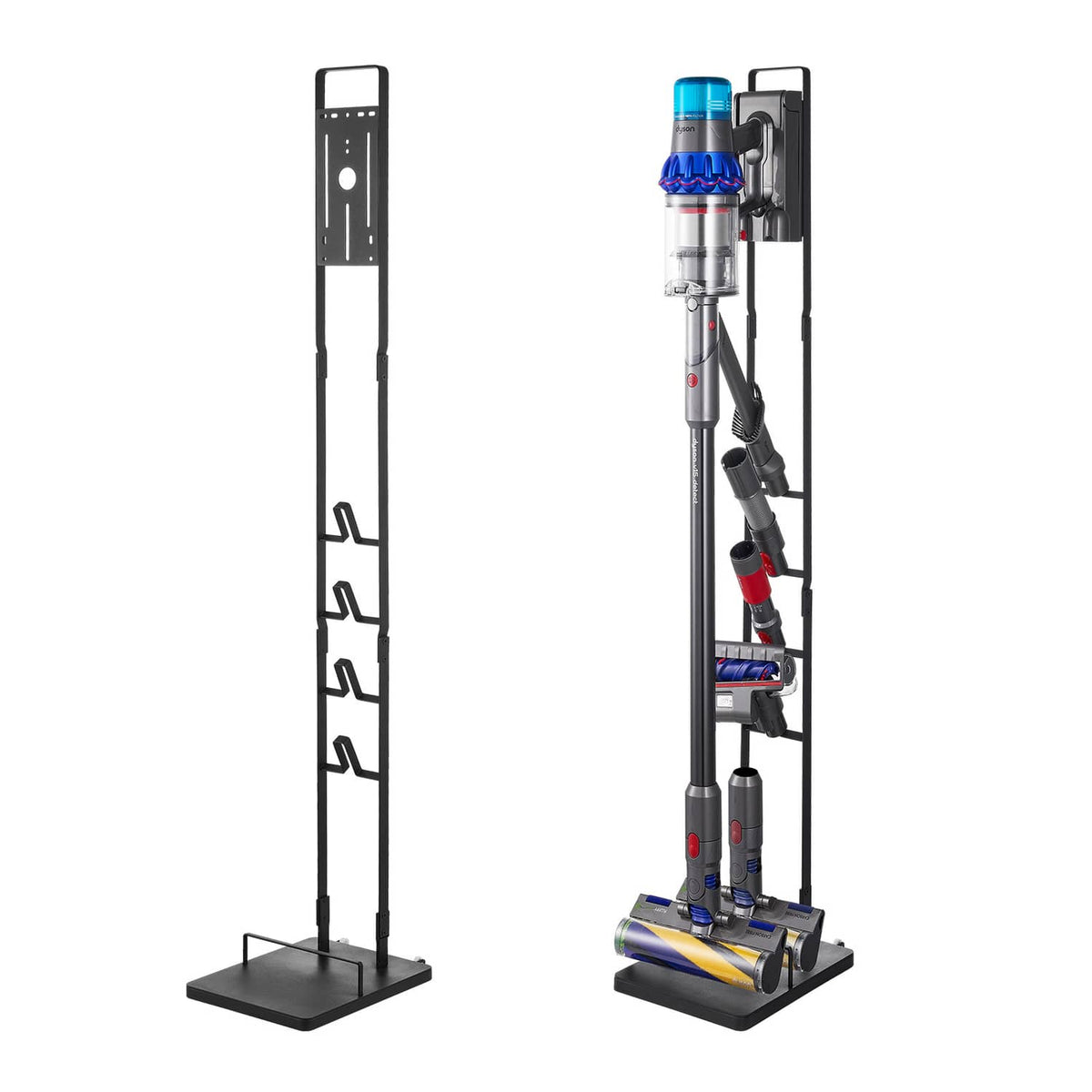 Black vacuum stand bracket with base and vertical slots for cordless vacuum storage