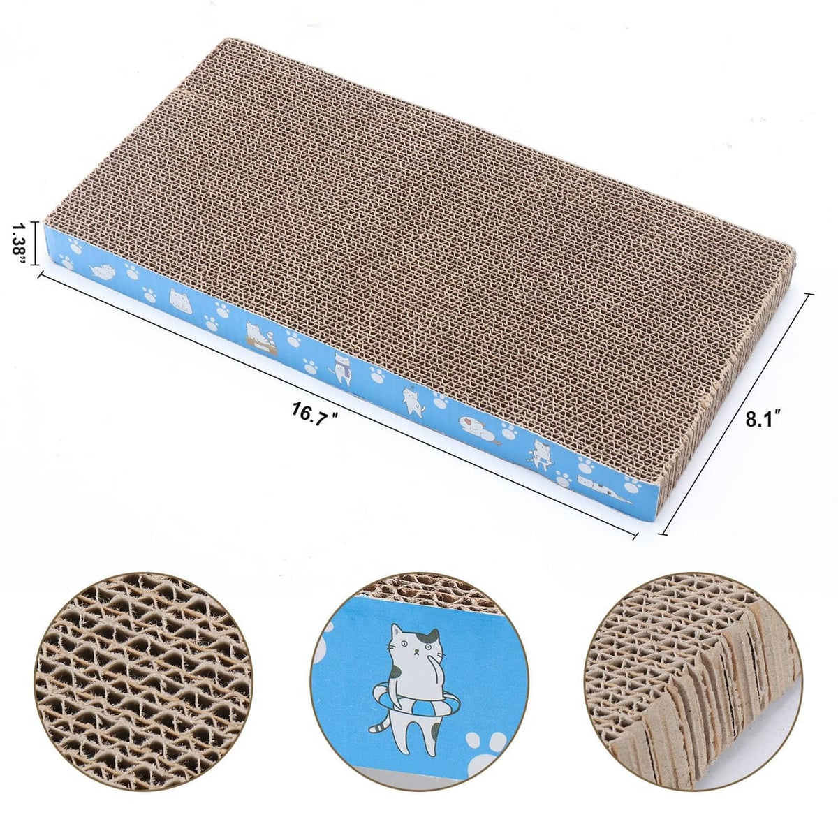 Reversible cardboard cat scratch pads set with beige corrugated texture and blue trim
