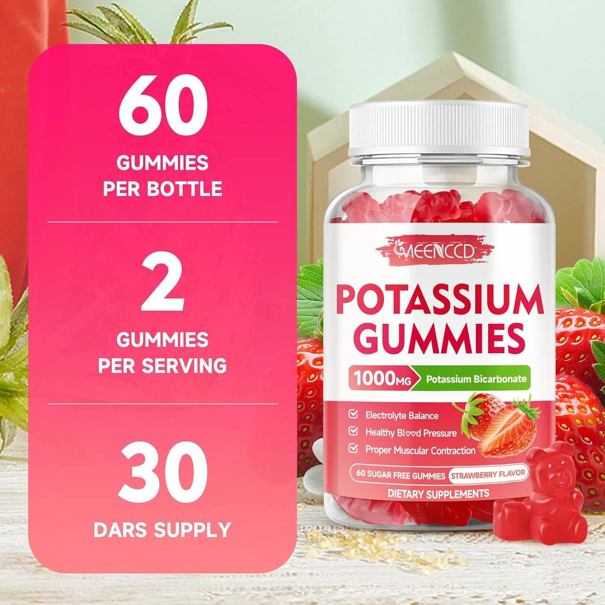 MEENCCD potassium gummies bottle with 60 gummies per bottle label and 2 gummies per serving