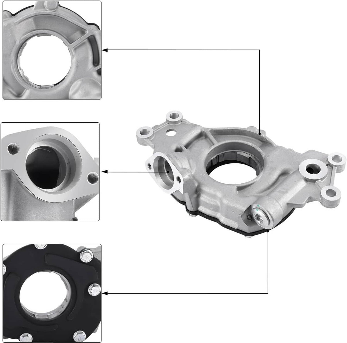 High volume oil pump housing shown with labeled close-ups of inlet and mounting