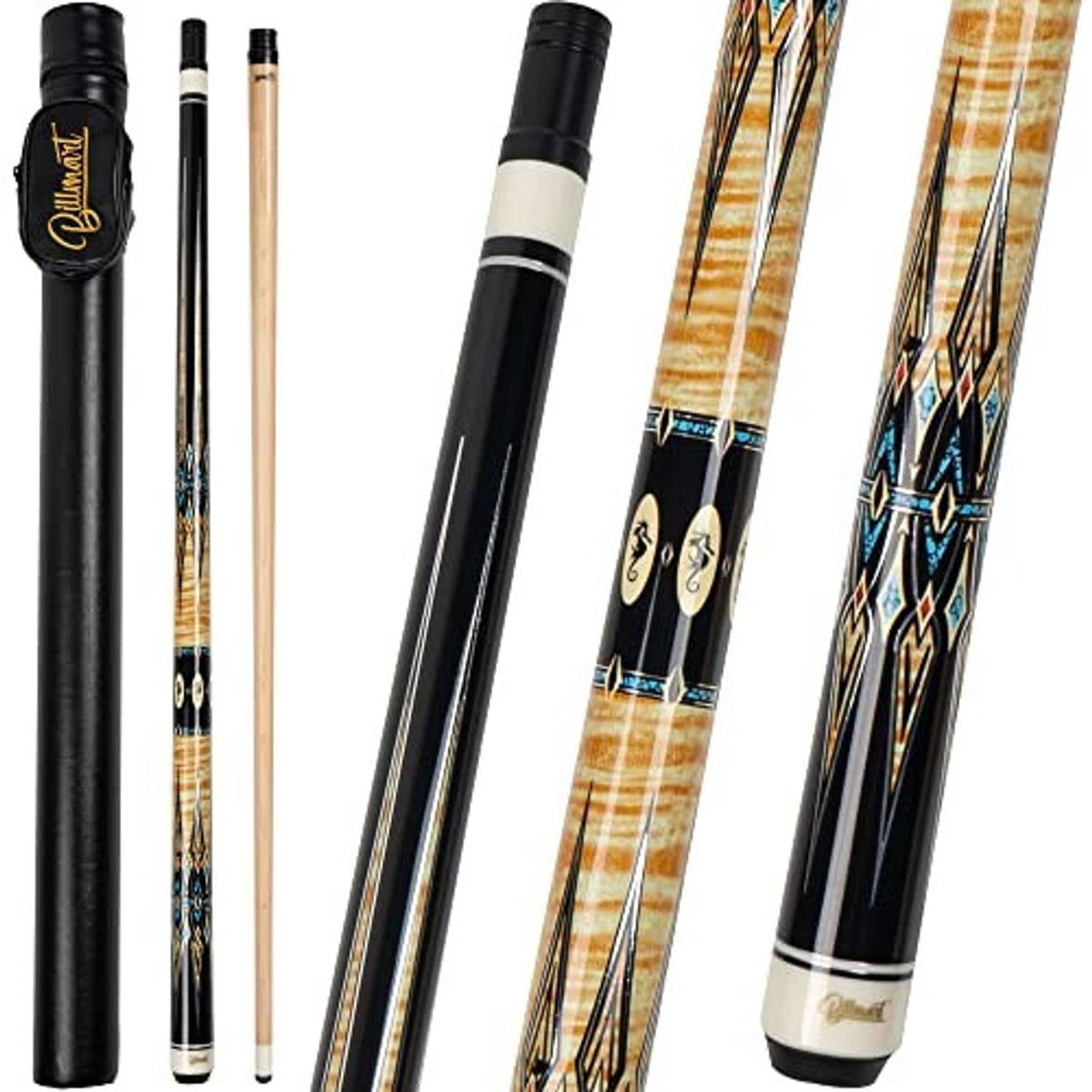 Billiard cue sticks with black shafts and light wood sections, featuring geometric blue inlays