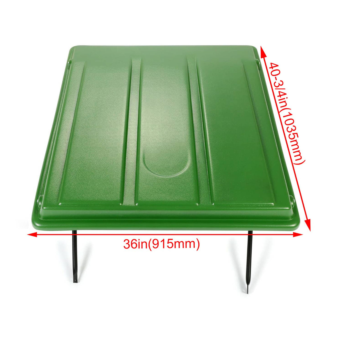 Green sun shade canopy with slatted top and four support legs, front view