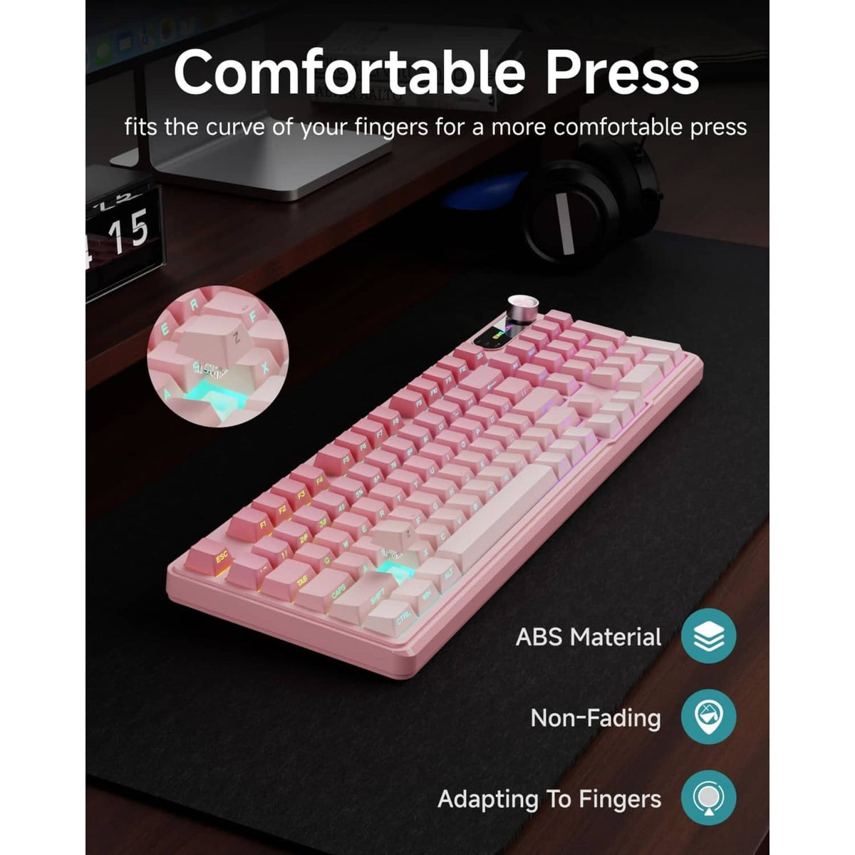 Pink gradient ABS gaming keyboard with RGB backlighting and comfortable low-profile case
