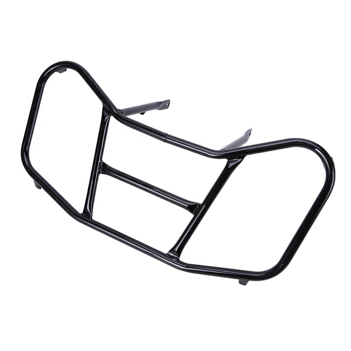 ATV front bumper and rack guard, black steel tubular frame with curved side protection