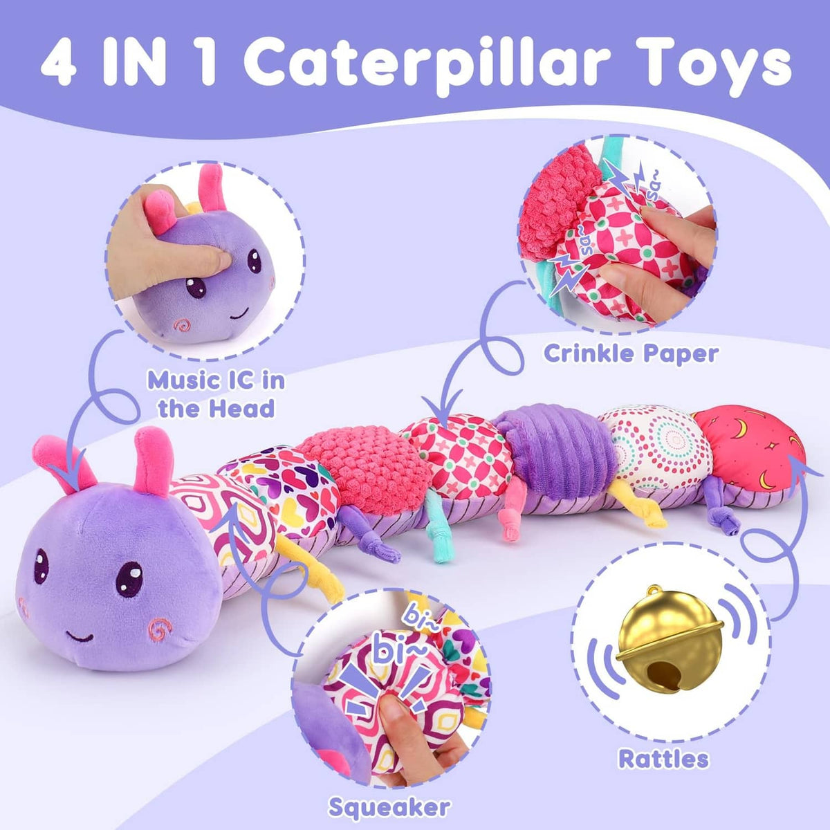 Purple multi-piece plush caterpillar toy with crinkle paper, squeaker, and rattle ends