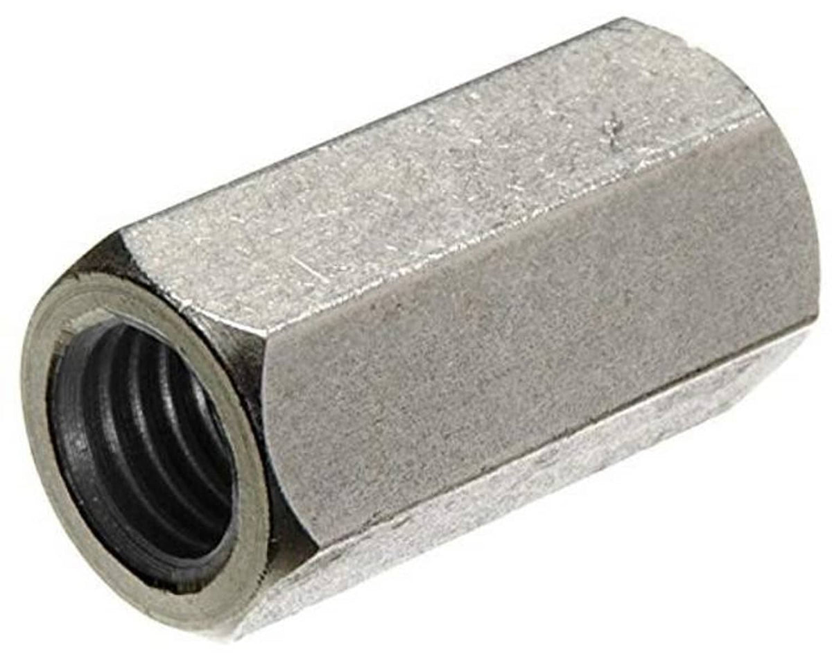 Hex barrel stainless steel coupling nut with internal threads, 3/8"-16 size