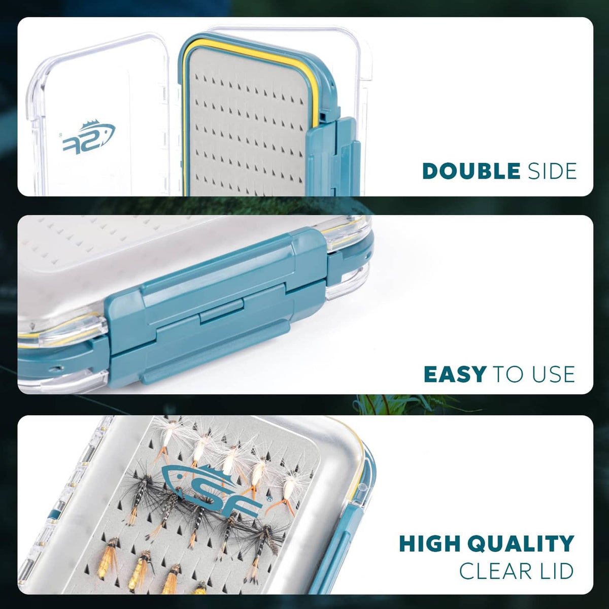 Large waterproof fly box with clear double-sided lid, foam compartment, and blue latch