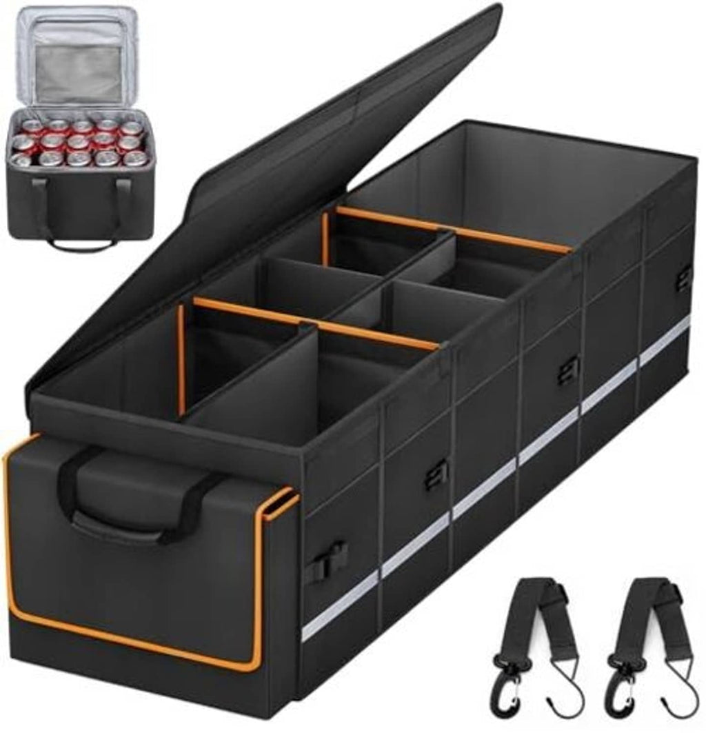 Black car trunk organizer with open lid, square compartments, and orange edge trim