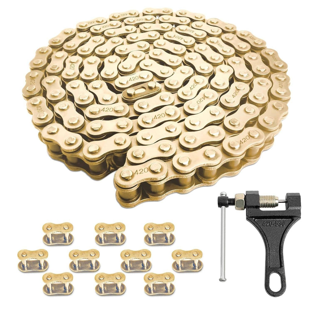 Gold 420 motorcycle chain with spare links and installation tool