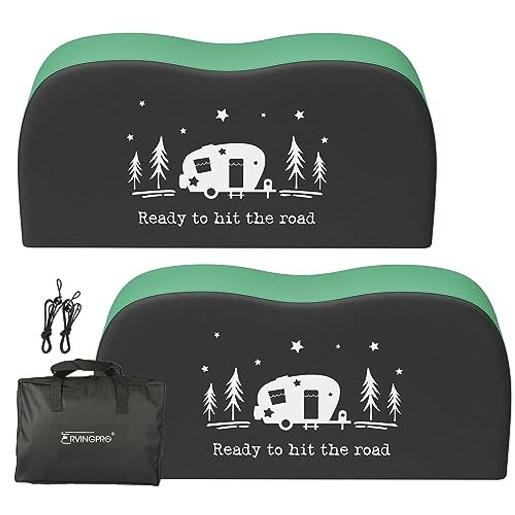 Black dual-axle RV tire cover with green trim and camper/star graphic, set of 2