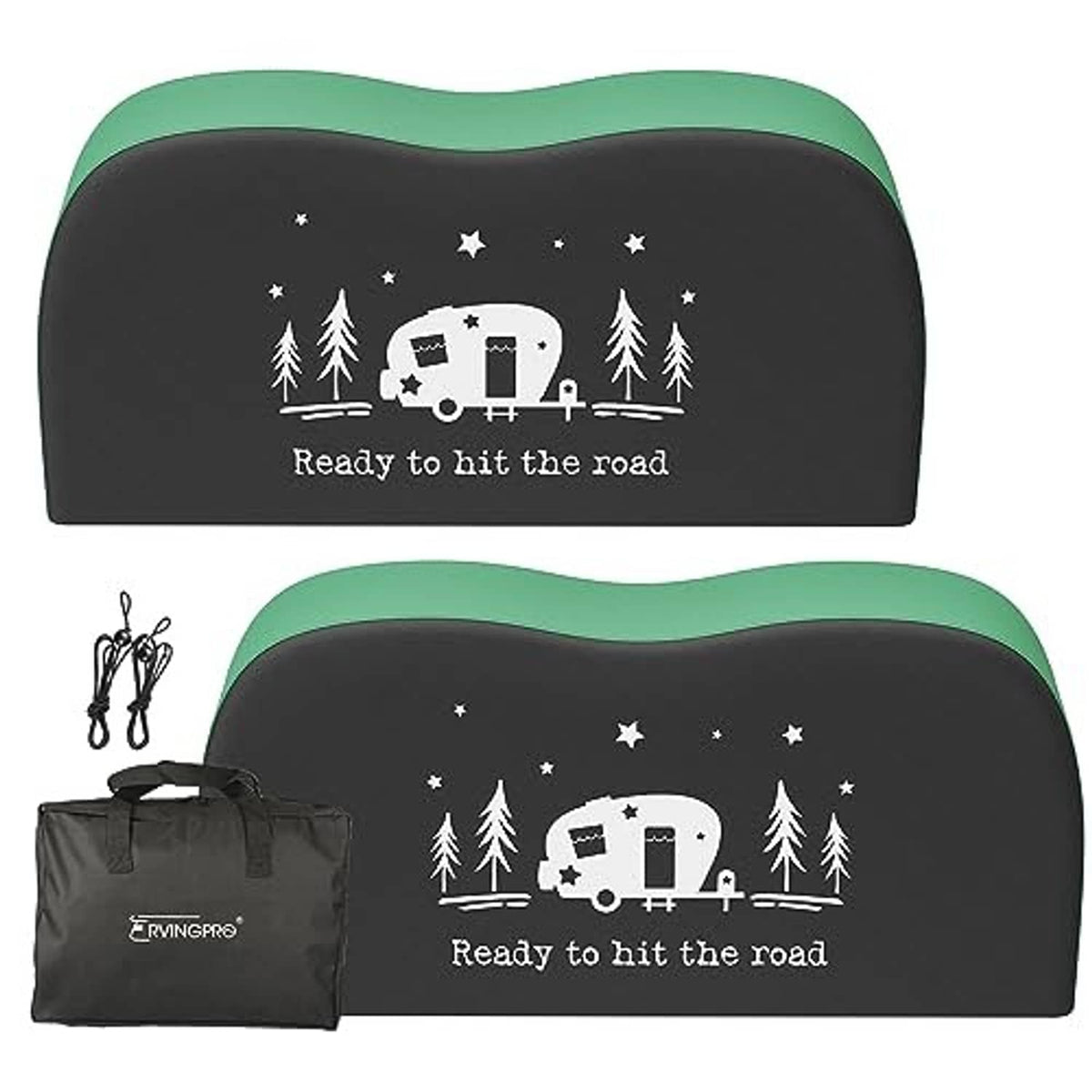 Black dual-axle RV tire cover with green trim and camper/star graphic, set of 2