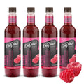 Pack of 4 DaVinci raspberry syrup bottles with raspberries, dark red bottles