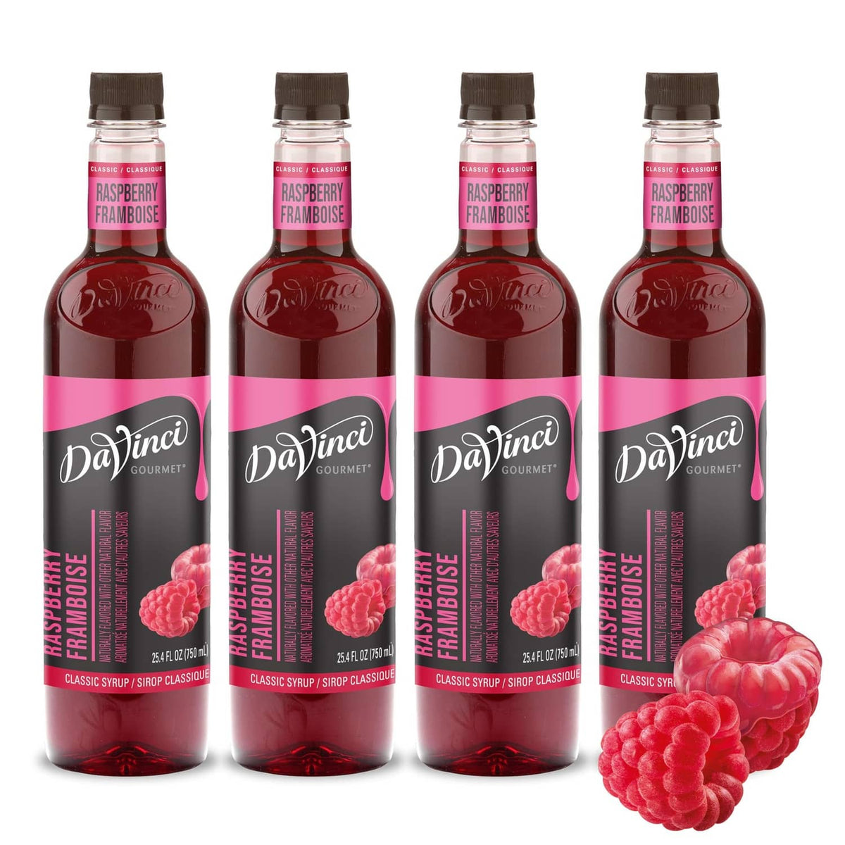 Pack of 4 DaVinci raspberry syrup bottles with raspberries, dark red bottles