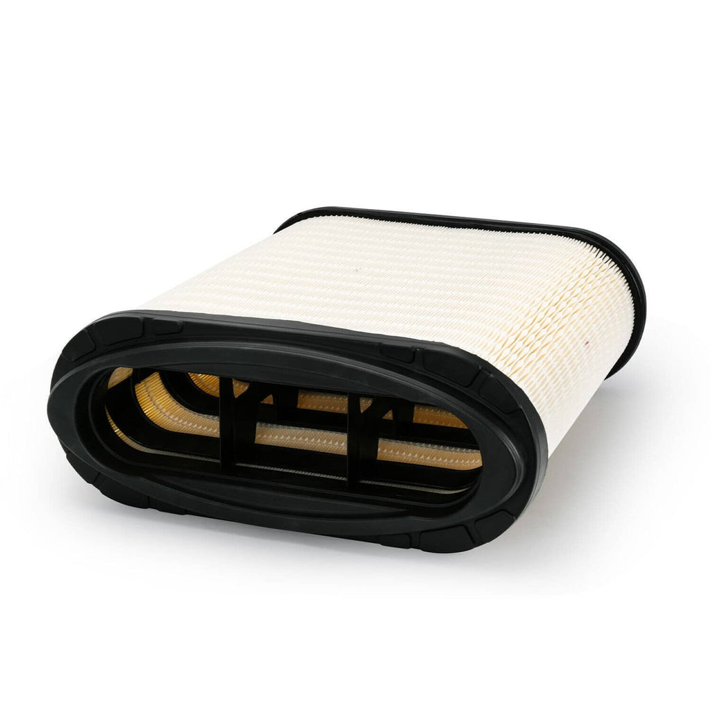 Engine air filter cartridge angled view with pleated cream media and black end opening
