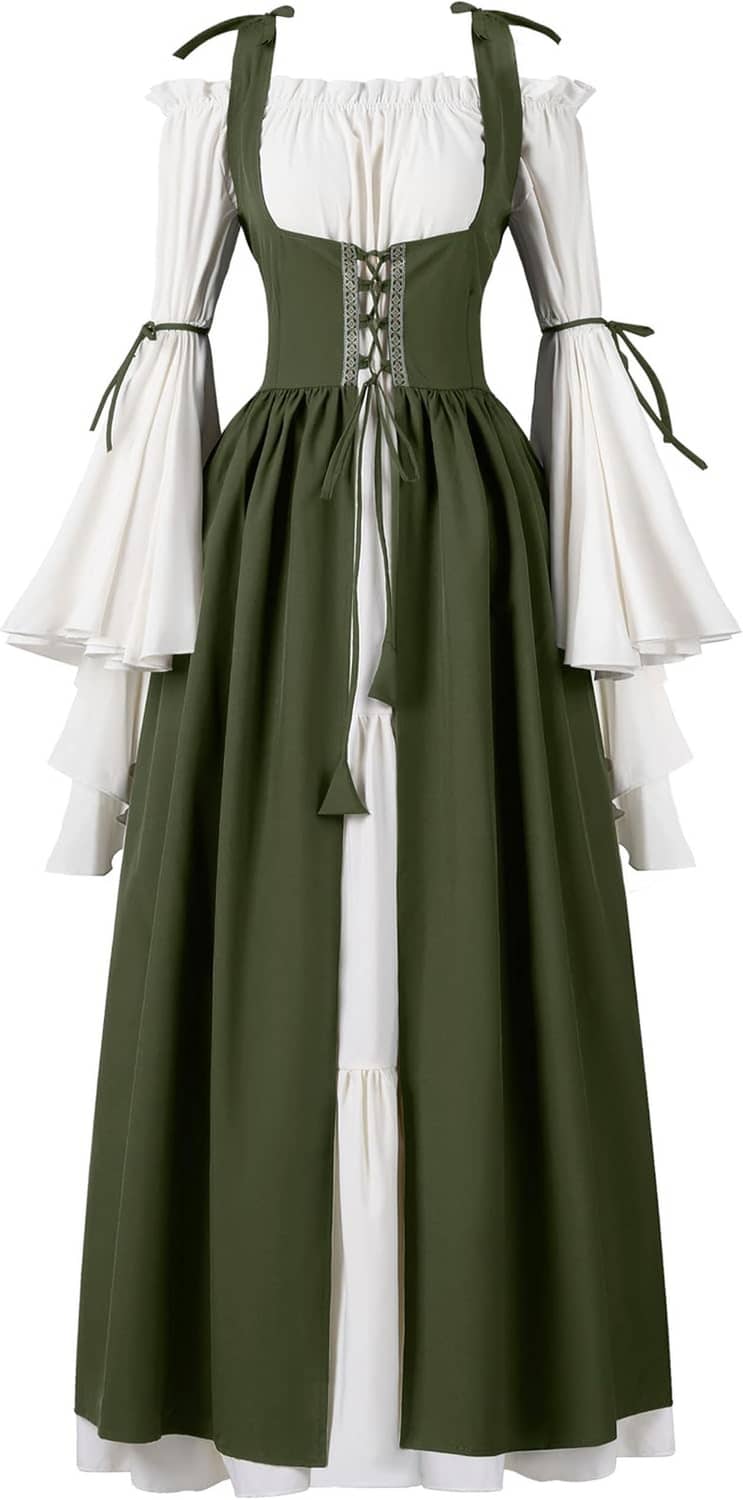 Renaissance corset dress in dark green with white puff sleeves and front lacing