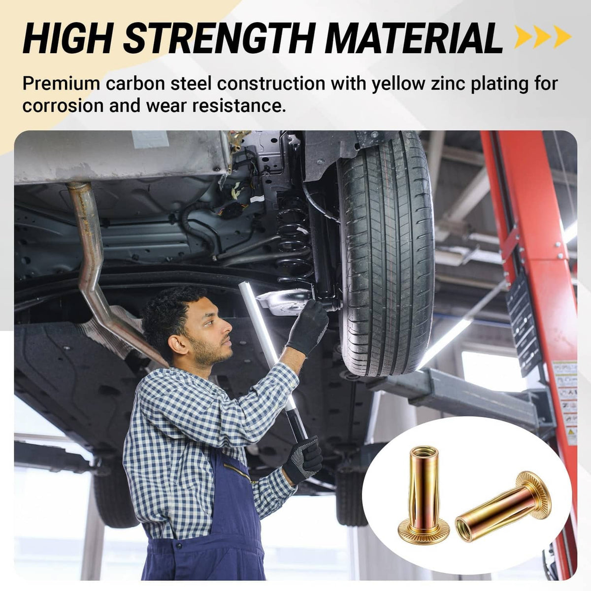 Gold threaded rivet nut inserts with zinc-plated finish, corrosion-resistant