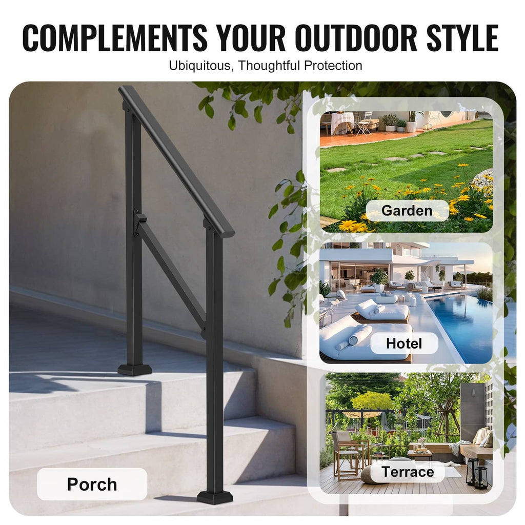 Black outdoor porch stair handrail with posts and diagonal support