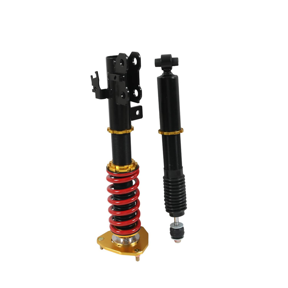 Pair of coilover struts with red and black springs, black bodies, and gold base plates