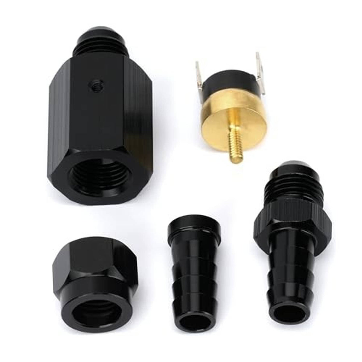 In-line thermostat switch parts set: black hex fittings and gold-contact sensor switch