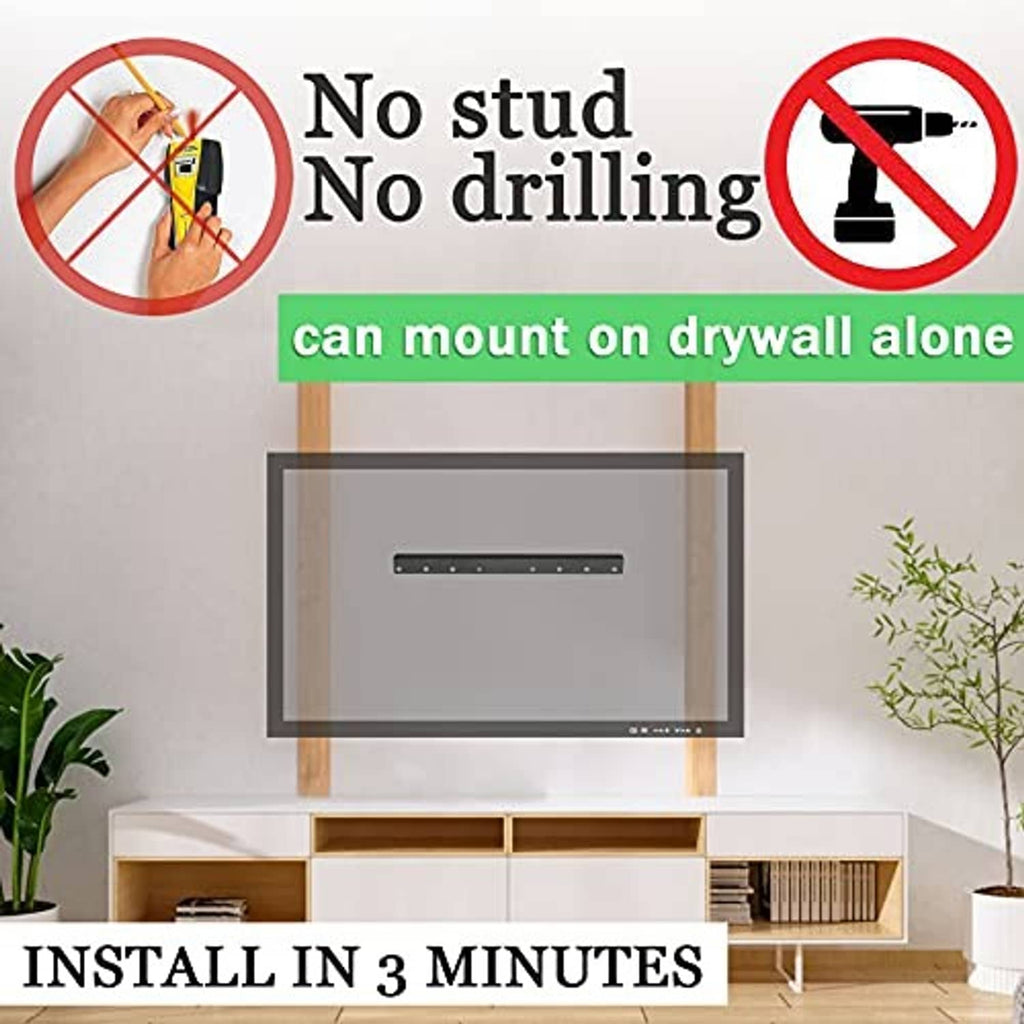 No-drill TV wall mount set shown with wall bar mounting on drywall