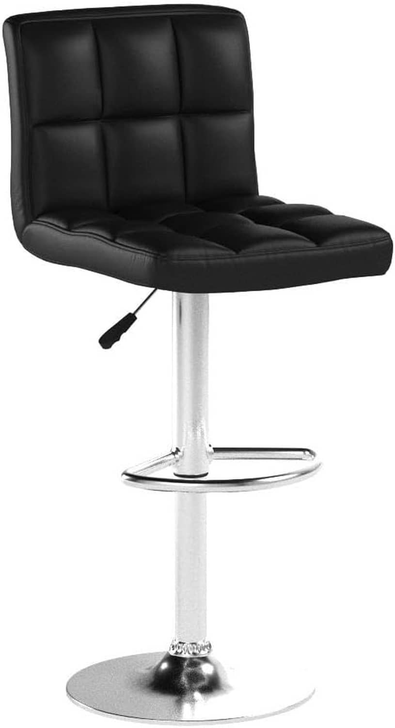 Black PU leather bar stool with padded seat, chrome column, and circular footrest.