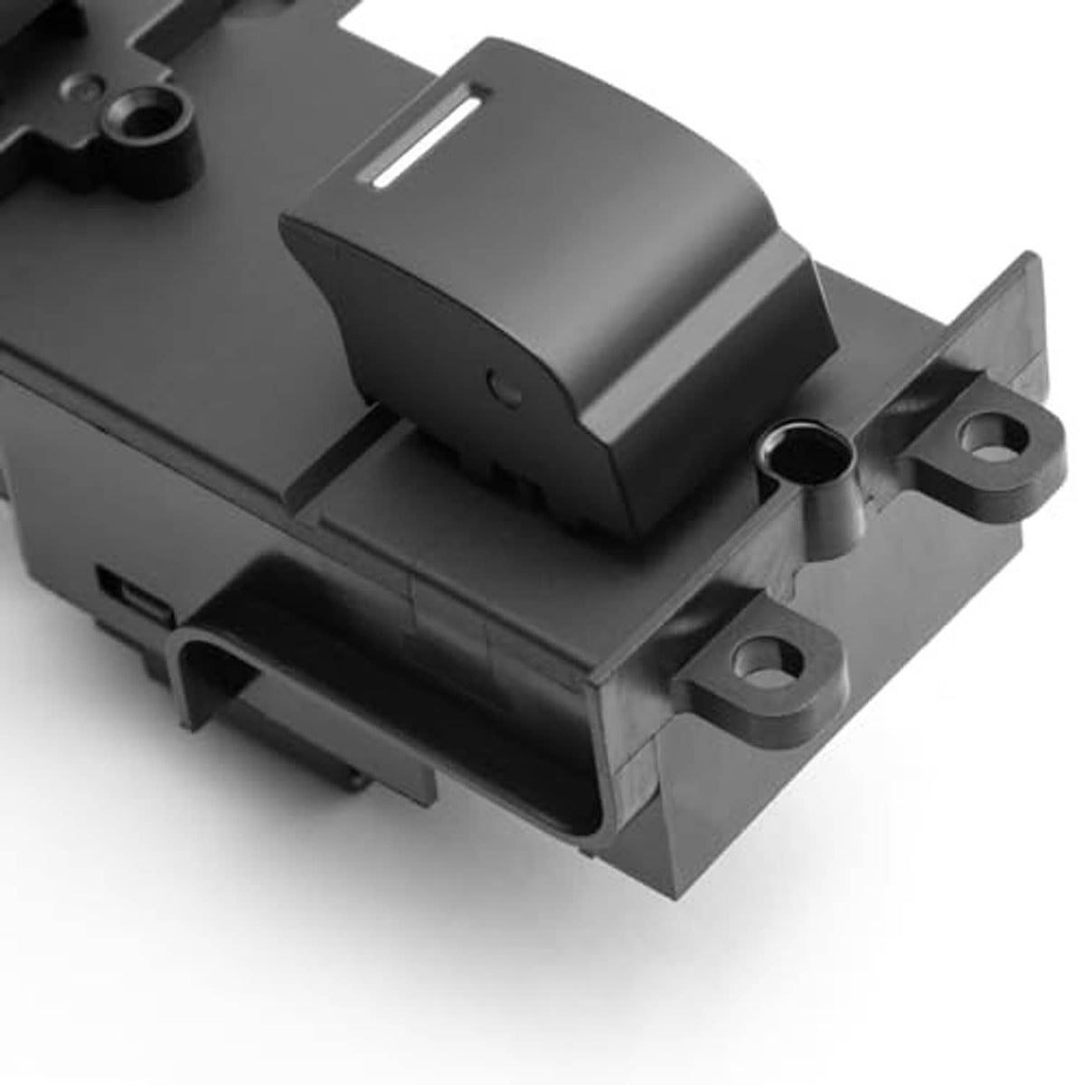 Power window switch angled side view with mounting tabs and dark gray plastic body.