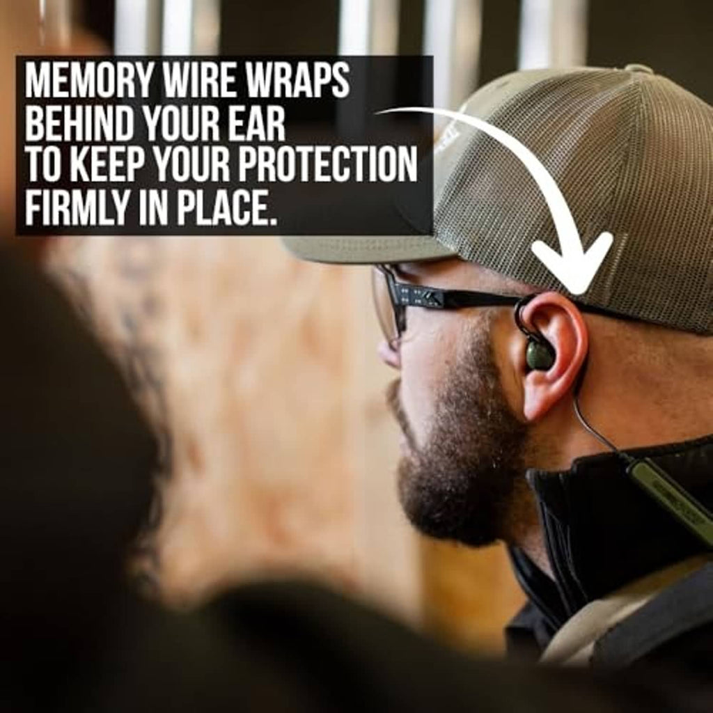 Bluetooth shooting ear protection earmuffs on man wearing cap, over-ear control box