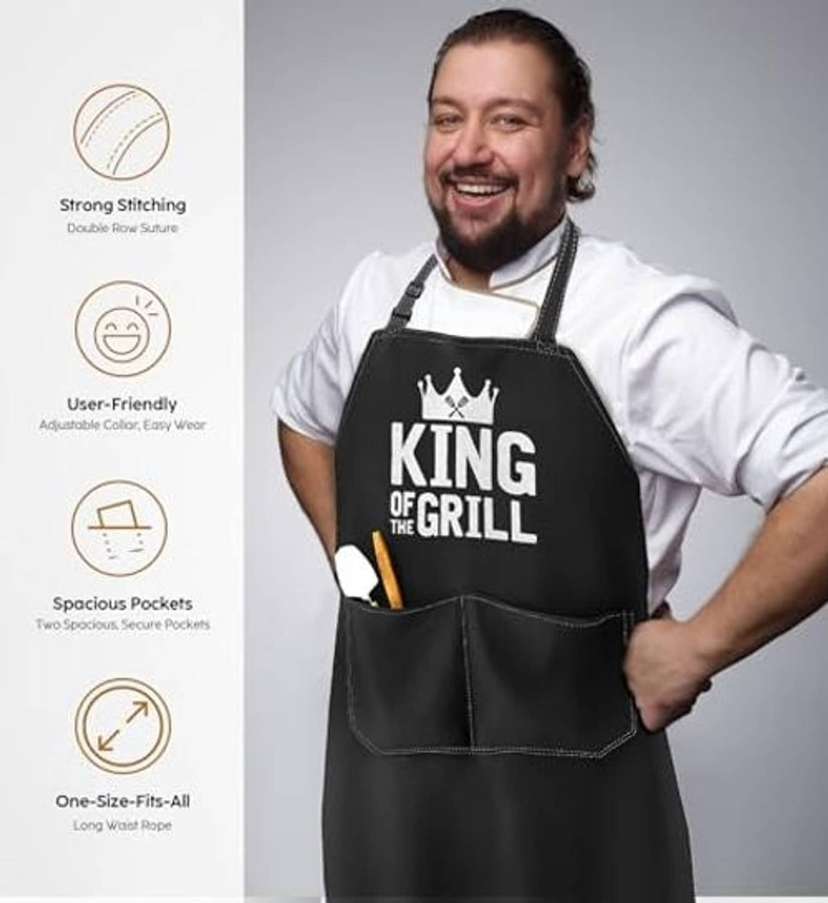Black BBQ apron with 'King of the Grill' print and two front pockets; adjustable neck