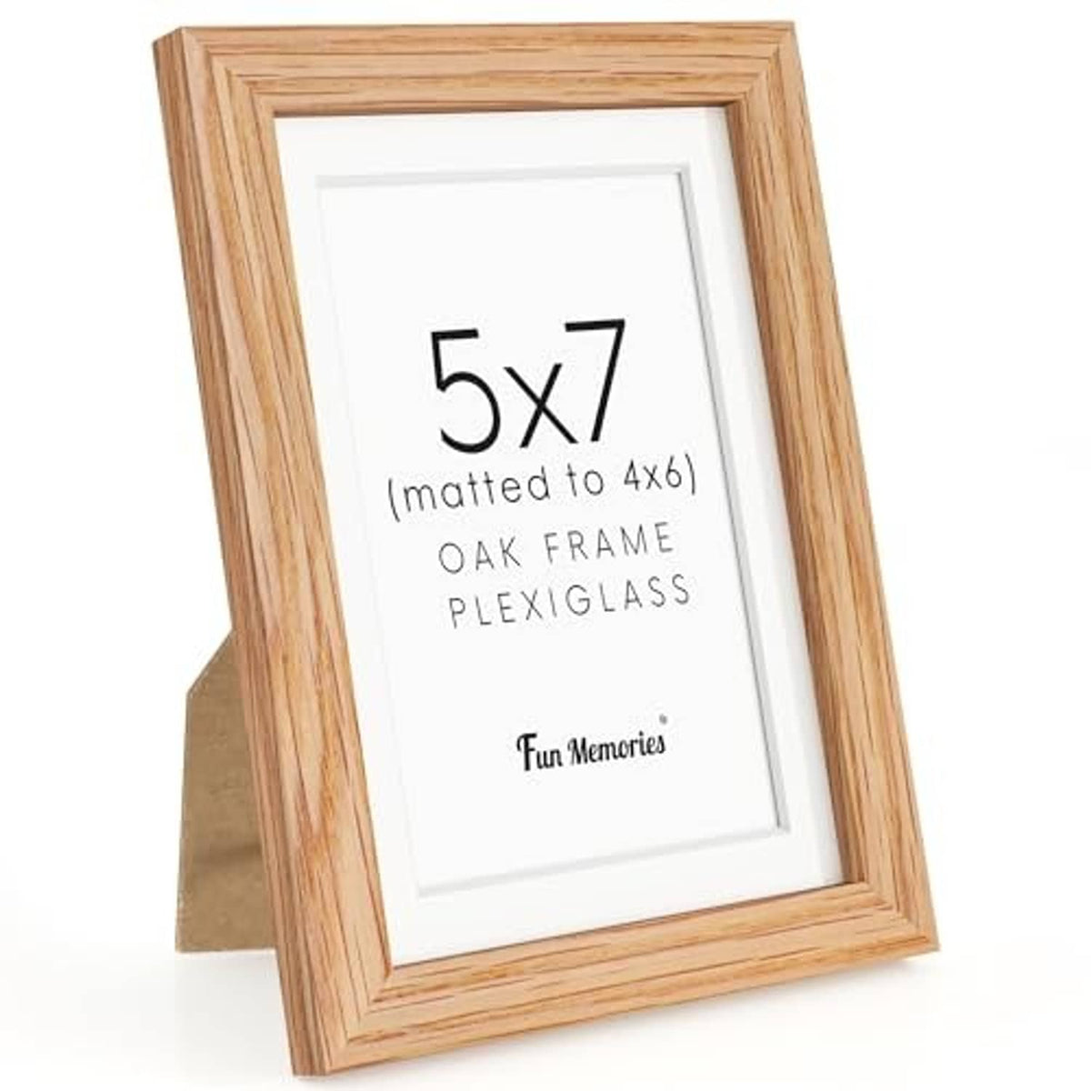 Oak 5x7 picture frame with white mat and clear plexiglass, front view