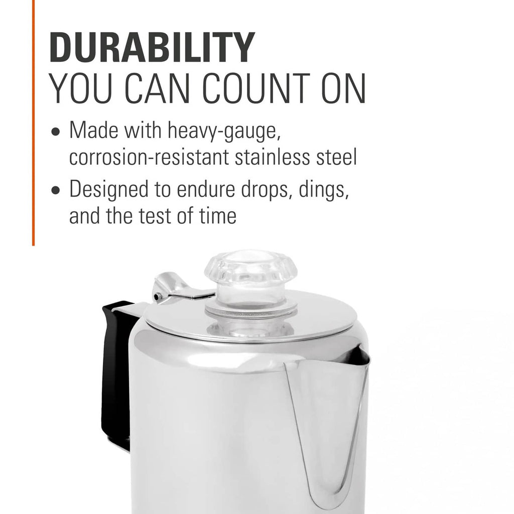 Stainless steel coffee percolator pot with heavy-gauge body and clear knob lid