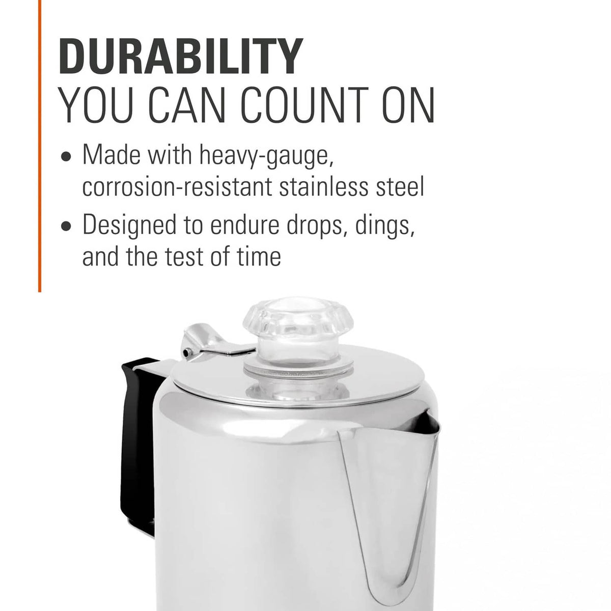 Stainless steel coffee percolator pot with heavy-gauge body and clear knob lid