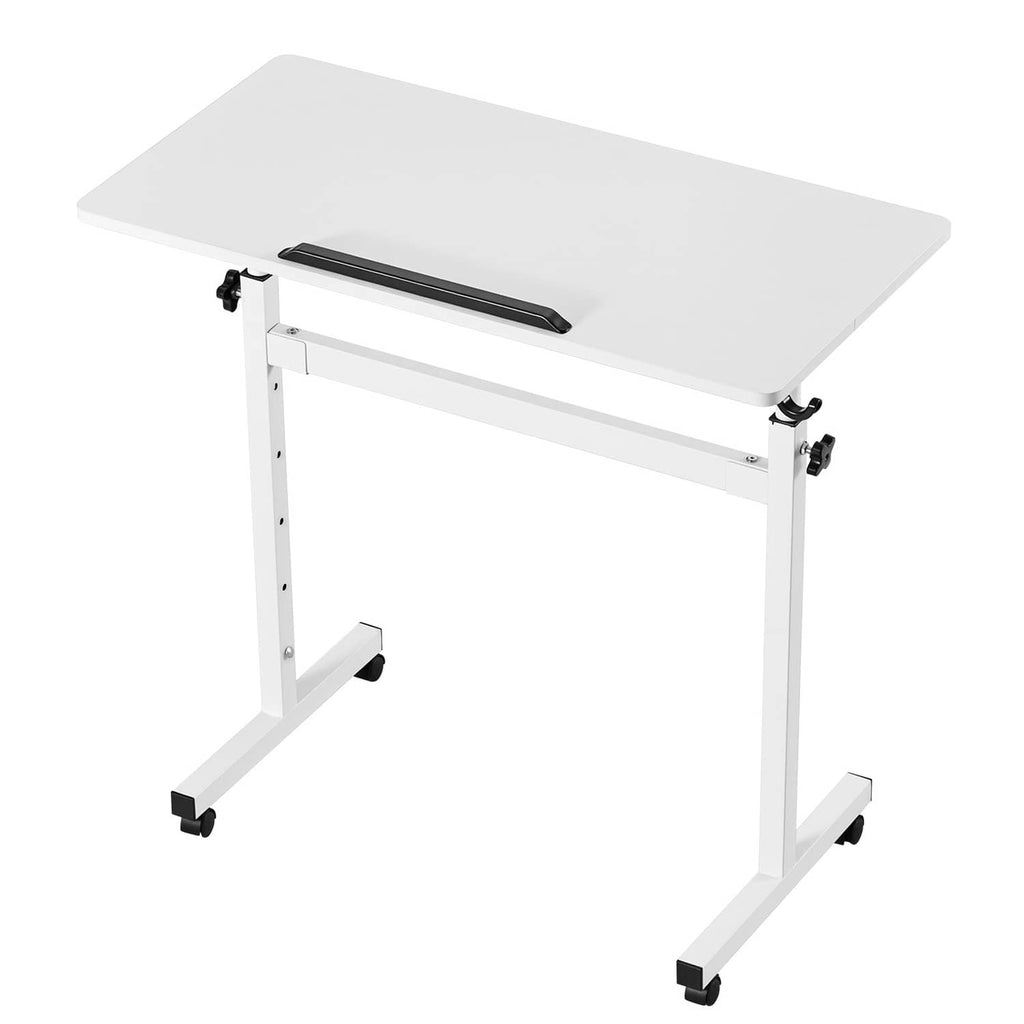Tilting tabletop standing desk with white legs and four caster wheels