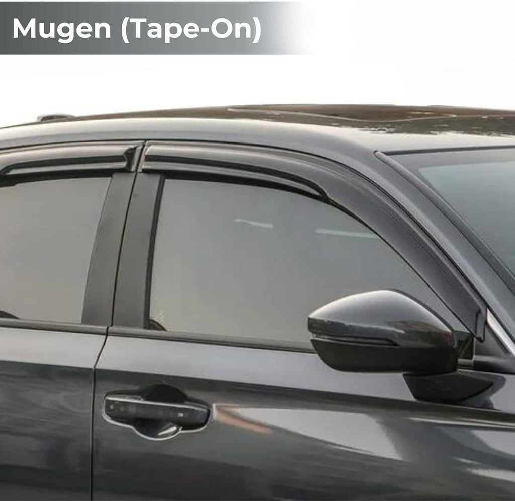 Glossy black tape-on window visor rain guard on a car door window