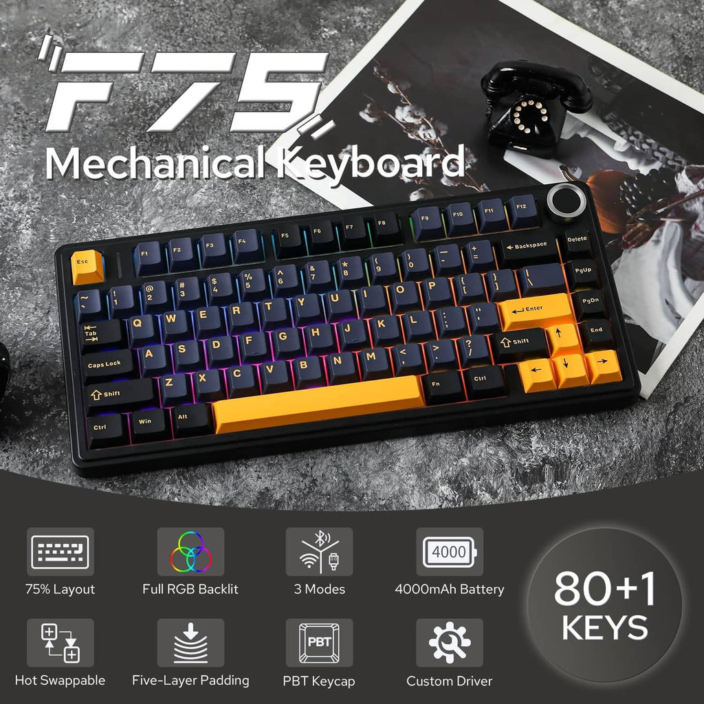 Mechanical keyboard with RGB backlit keys and orange accents, angled view