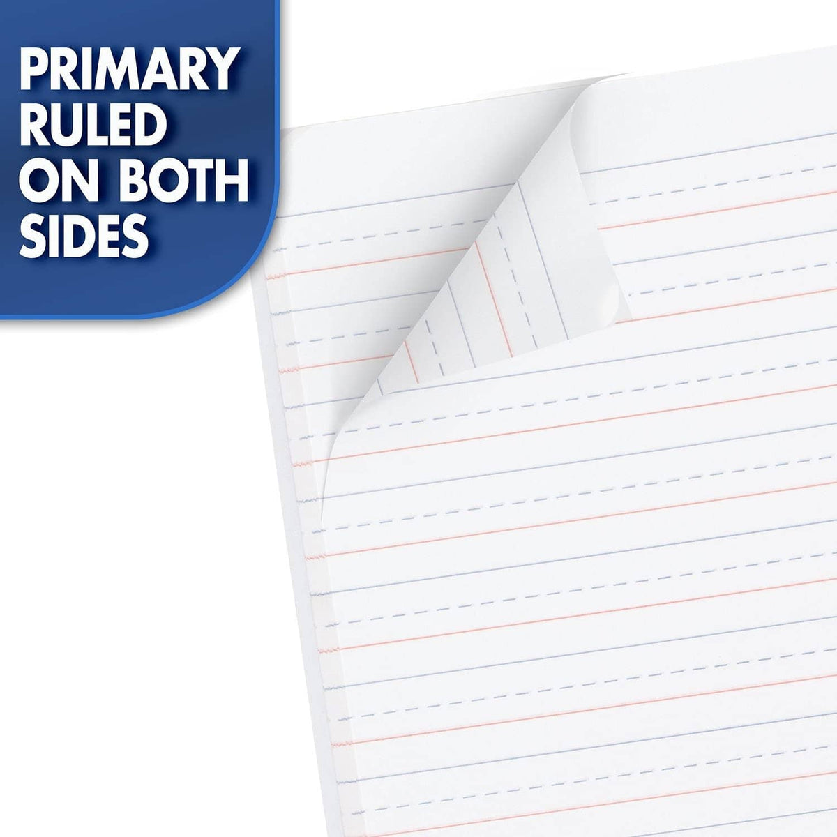 Primary ruled writing pages shown open, blue lines with red guidelines on both sides