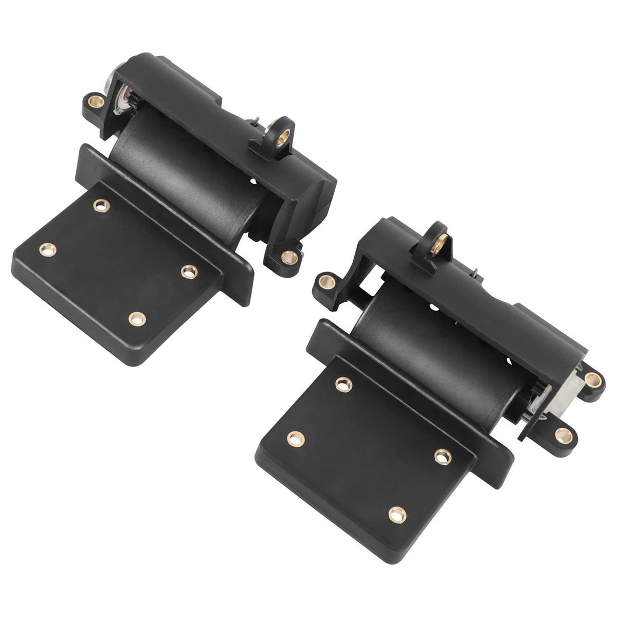 Black glove box hinge assembly with plates and mounting pins