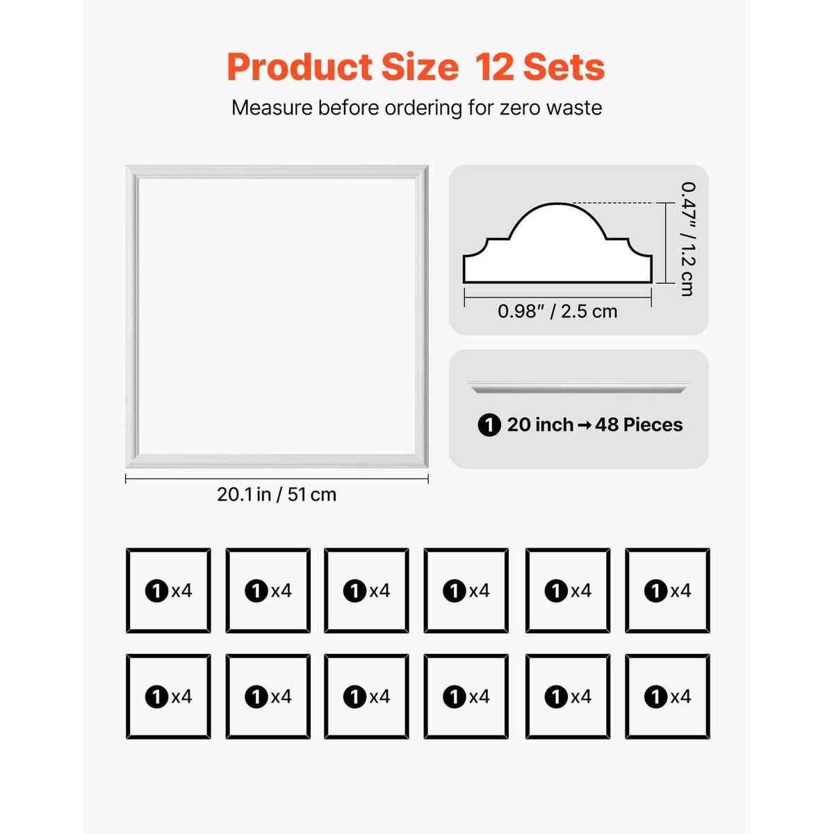 Wall molding panel kit size diagram showing 20 in panel set with 48 pieces