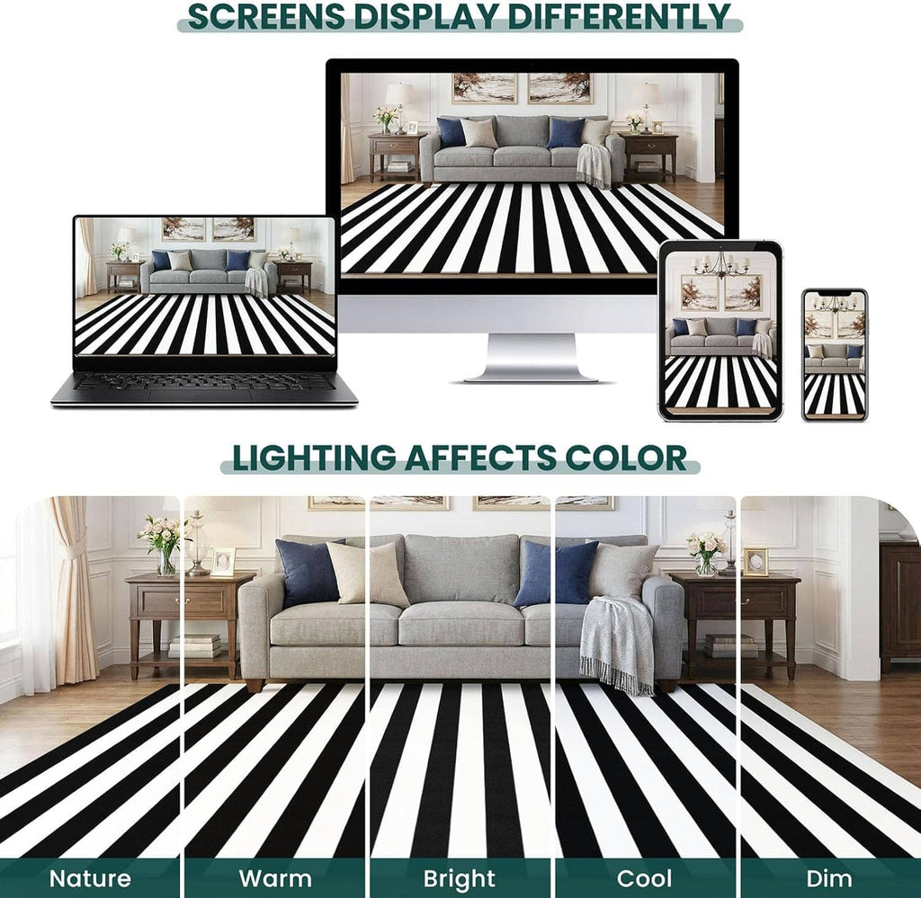 Black-and-white striped area rug spread across a room floor with bold stripe bands.