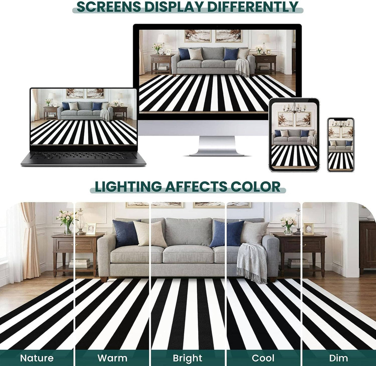 Black-and-white striped area rug spread across a room floor with bold stripe bands.